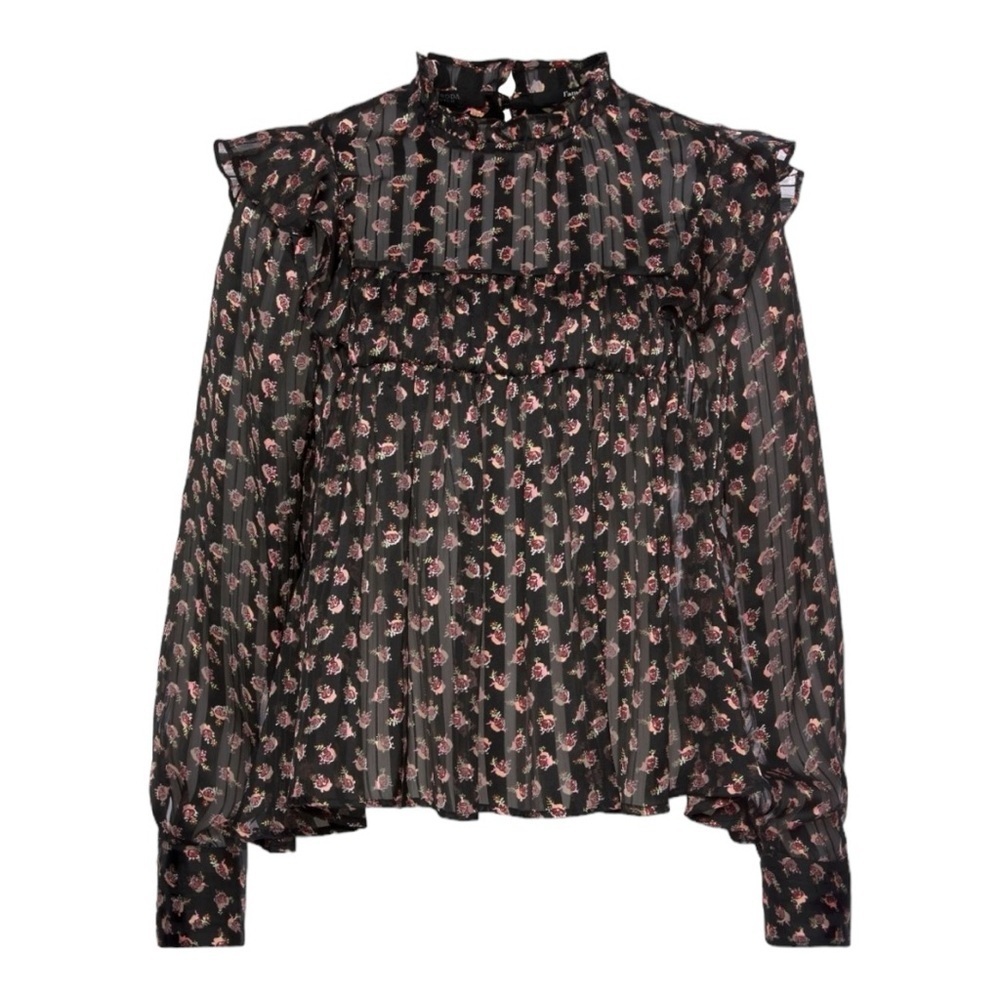 Scotch & Soda Ruffle Floral Blouse Black High Neck Sheer Size S NWOT